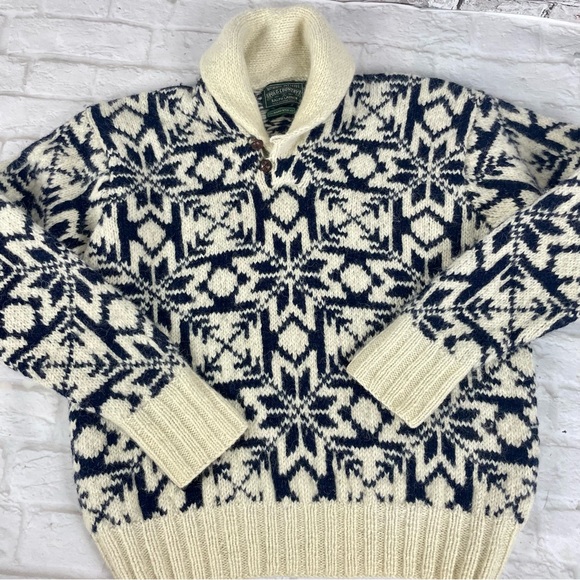 Vtg 90 Polo Country Snowflake Shawl Collar Hand Knit Wool Sweater M - Picture 4 of 10